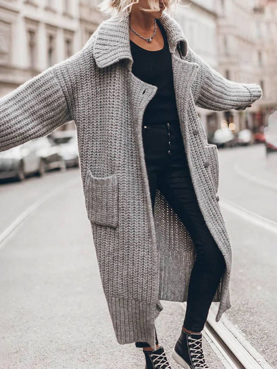 Heidi-Mode | Pullover Cardigans Unicolor Knopf Taschen Reverskragen Langarm Frauen Lässig Locker Oversized Jacke