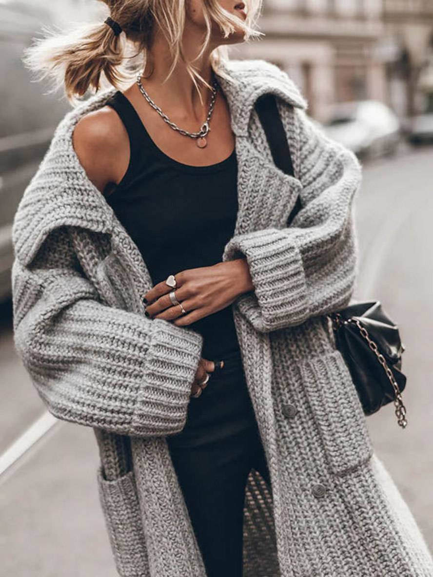 Heidi-Mode | Pullover Cardigans Unicolor Knopf Taschen Reverskragen Langarm Frauen Lässig Locker Oversized Jacke
