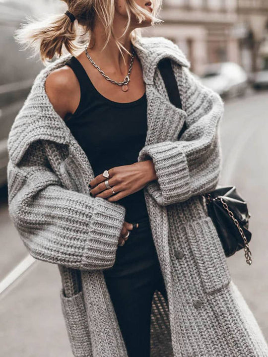 Heidi-Mode | Pullover Cardigans Unicolor Knopf Taschen Reverskragen Langarm Frauen Lässig Locker Oversized Jacke