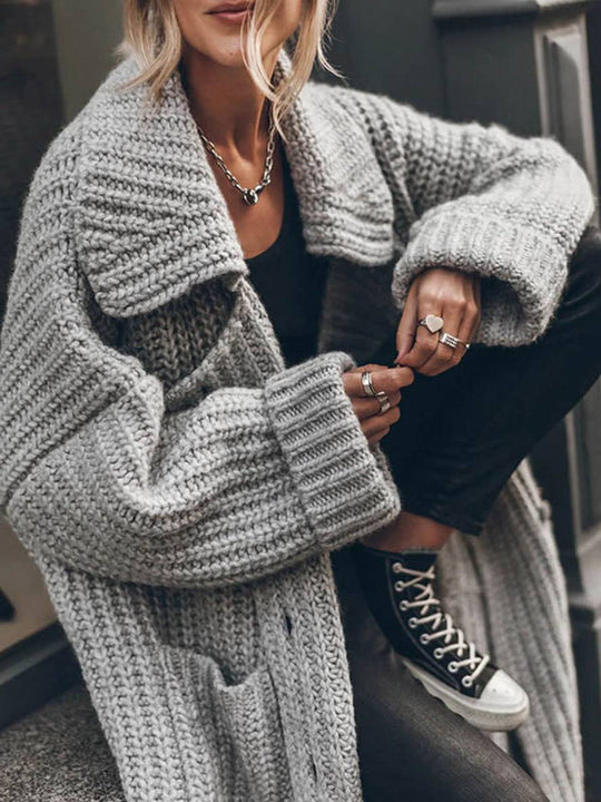 Heidi-Mode | Pullover Cardigans Unicolor Knopf Taschen Reverskragen Langarm Frauen Lässig Locker Oversized Jacke