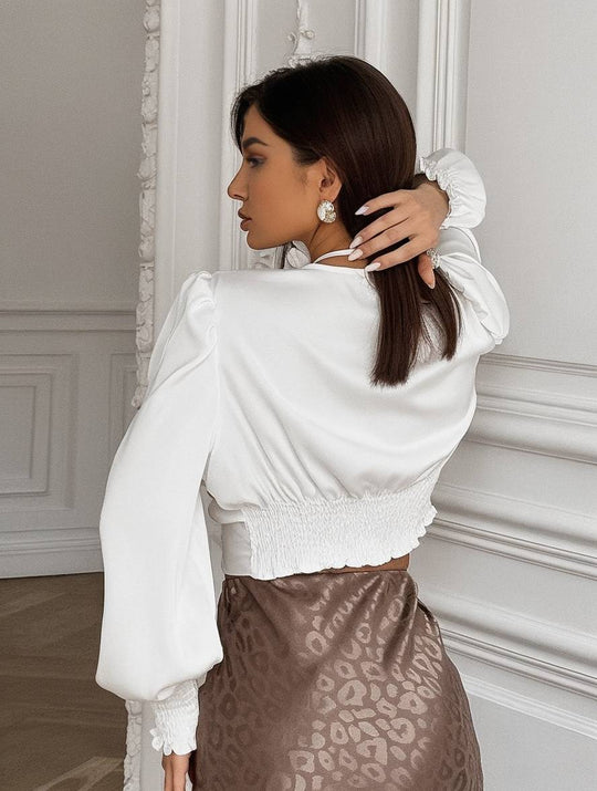 Heidi-Mode | Unifarbene Satin V-Ausschnitt Langarmbluse Damen Elegant Lässig Mode Casual