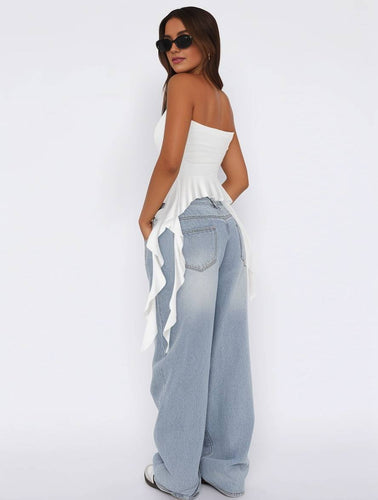 Heidi-Mode | Tops mit Volants Fransen Gürtel Bustier Rückenfrei Ärmellos Damen Casual Elegante Freizeitmode