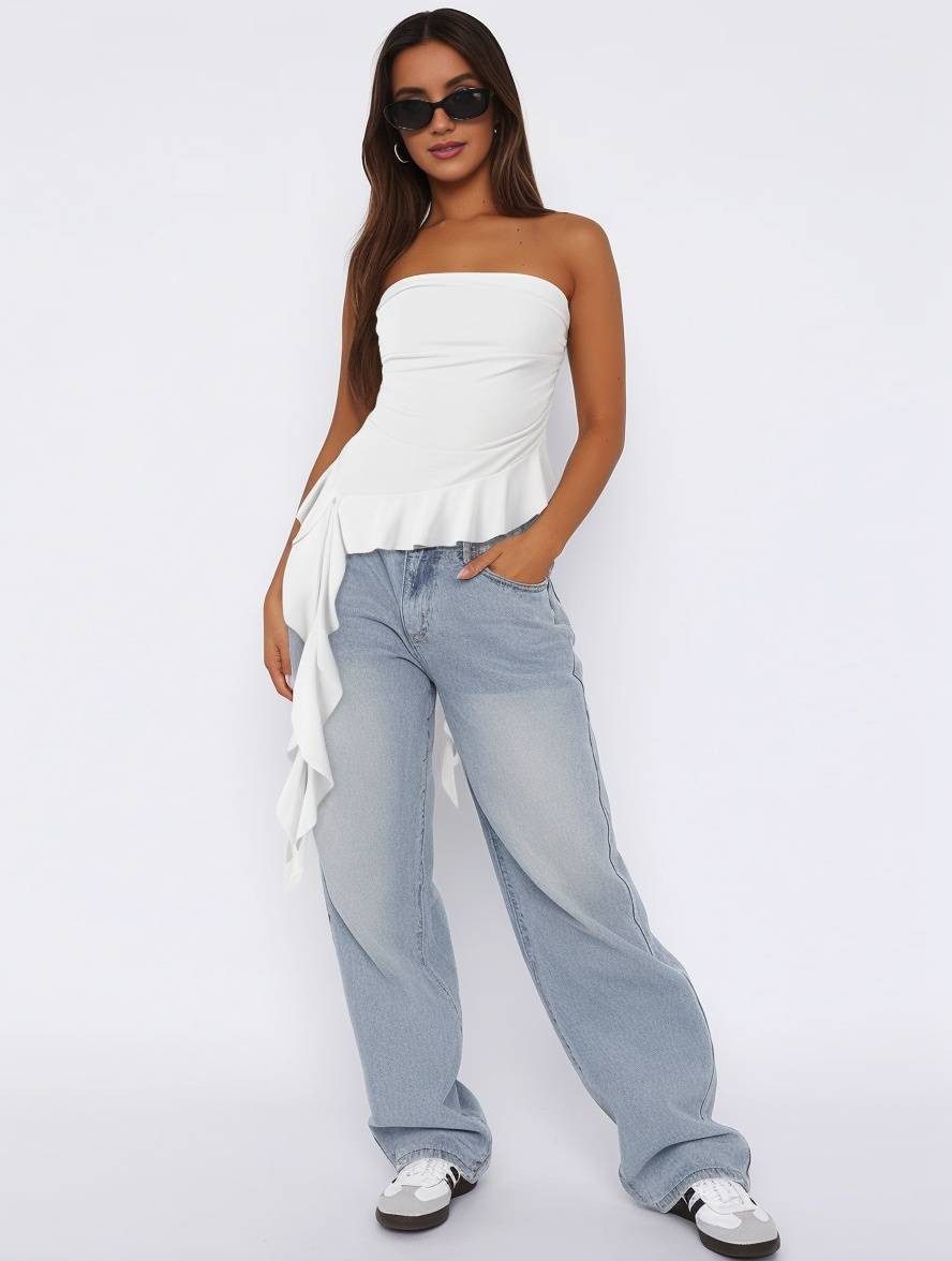 Heidi-Mode | Tops mit Volants Fransen Gürtel Bustier Rückenfrei Ärmellos Damen Casual Elegante Freizeitmode