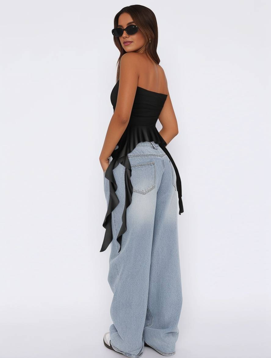 Heidi-Mode | Tops mit Volants Fransen Gürtel Bustier Rückenfrei Ärmellos Damen Casual Elegante Freizeitmode