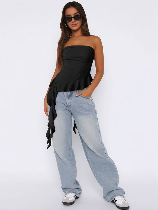 Heidi-Mode | Tops mit Volants Fransen Gürtel Bustier Rückenfrei Ärmellos Damen Casual Elegante Freizeitmode