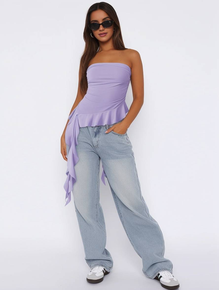 Heidi-Mode | Tops mit Volants Fransen Gürtel Bustier Rückenfrei Ärmellos Damen Casual Elegante Freizeitmode