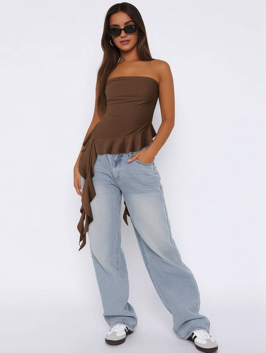 Heidi-Mode | Tops mit Volants Fransen Gürtel Bustier Rückenfrei Ärmellos Damen Casual Elegante Freizeitmode