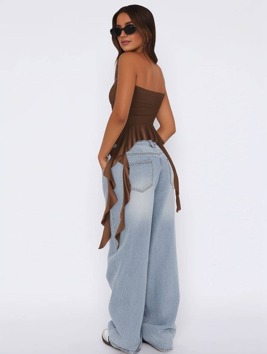 Heidi-Mode | Tops mit Volants Fransen Gürtel Bustier Rückenfrei Ärmellos Damen Casual Elegante Freizeitmode