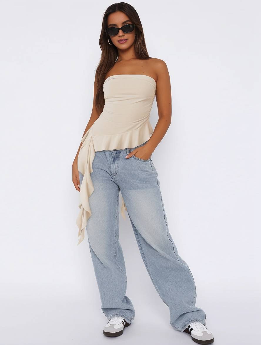 Heidi-Mode | Tops mit Volants Fransen Gürtel Bustier Rückenfrei Ärmellos Damen Casual Elegante Freizeitmode