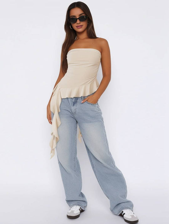 Heidi-Mode | Tops mit Volants Fransen Gürtel Bustier Rückenfrei Ärmellos Damen Casual Elegante Freizeitmode