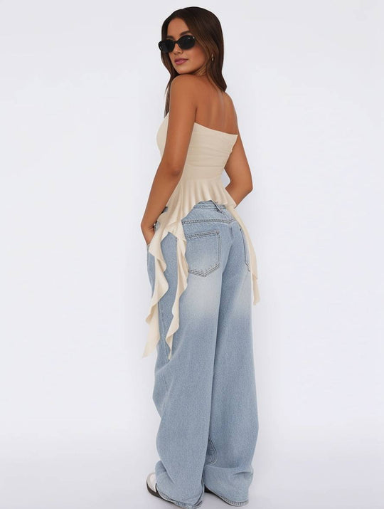 Heidi-Mode | Tops mit Volants Fransen Gürtel Bustier Rückenfrei Ärmellos Damen Casual Elegante Freizeitmode