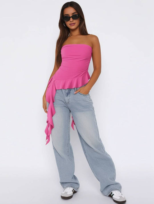 Heidi-Mode | Tops mit Volants Fransen Gürtel Bustier Rückenfrei Ärmellos Damen Casual Elegante Freizeitmode
