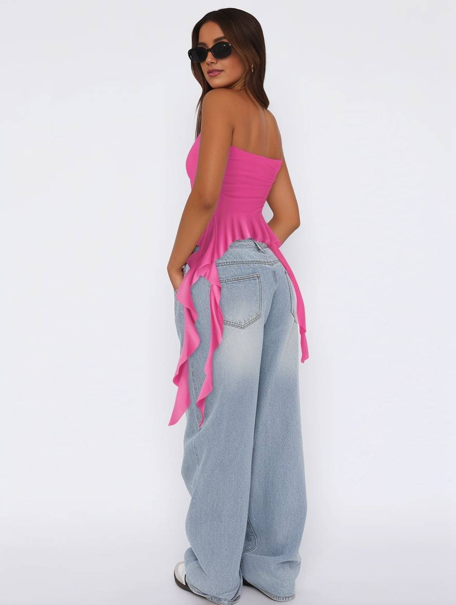 Heidi-Mode | Tops mit Volants Fransen Gürtel Bustier Rückenfrei Ärmellos Damen Casual Elegante Freizeitmode
