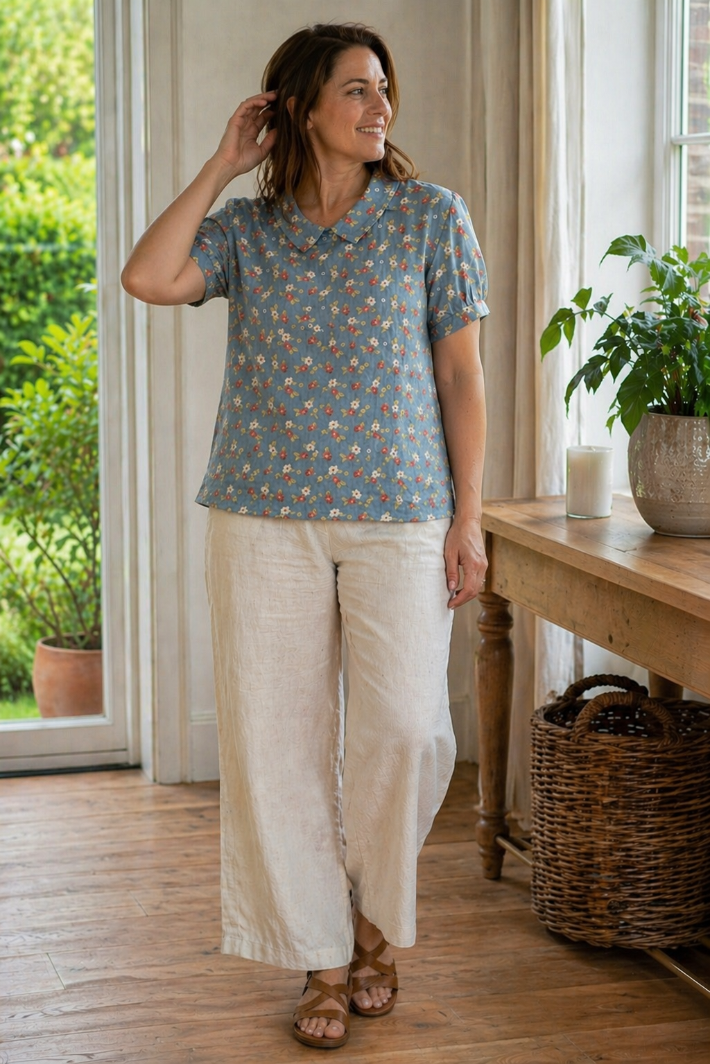 Heidi-Mode Damen Bluse Kurzarm mit Blumendruck und Kragen Locker