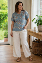Heidi-Mode Damen Bluse Kurzarm mit Blumendruck und Kragen Locker