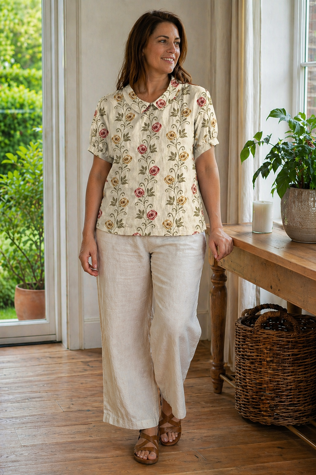 Heidi-Mode Damen Bluse Kurzarm mit Blumendruck und Kragen Locker
