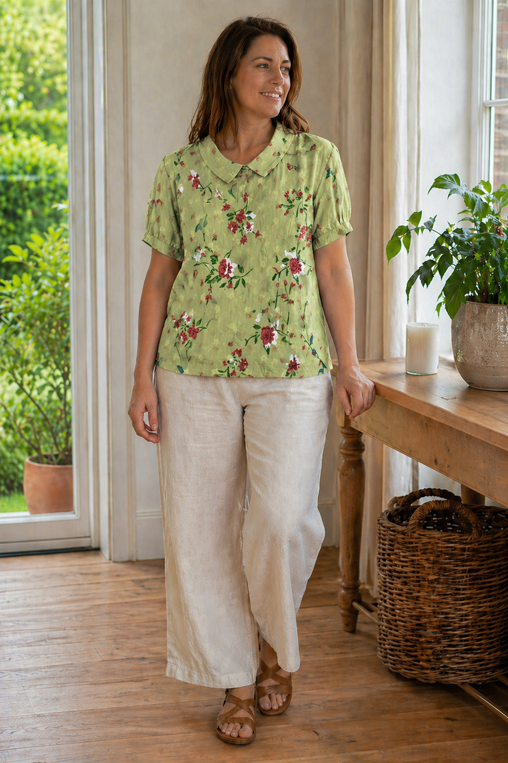 Heidi-Mode Damen Bluse Kurzarm mit Blumendruck und Kragen Locker