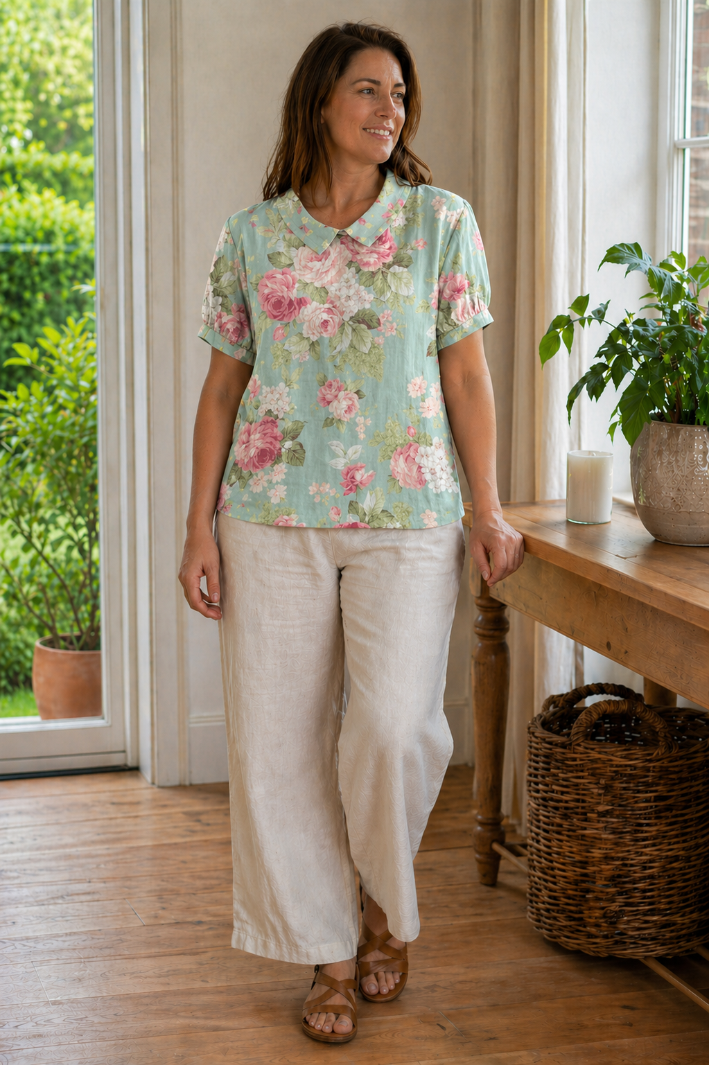 Heidi-Mode Damen Bluse Kurzarm mit Blumendruck und Kragen Locker