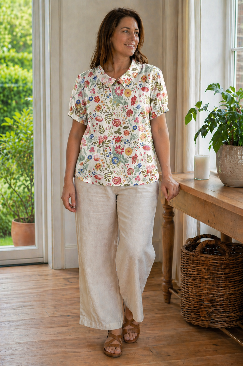 Heidi-Mode Damen Bluse Kurzarm mit Blumendruck und Kragen Locker