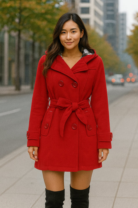 Heidi-Mode | Damen Kapuzen Doppelreihiger Mantel Gürtel