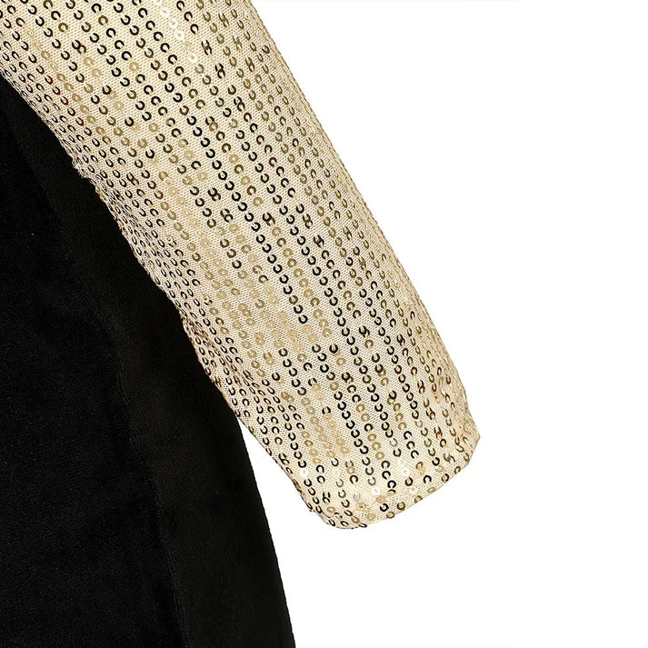 Schwarz-goldenes Wickelkleid mit Pailletten und Schlitz