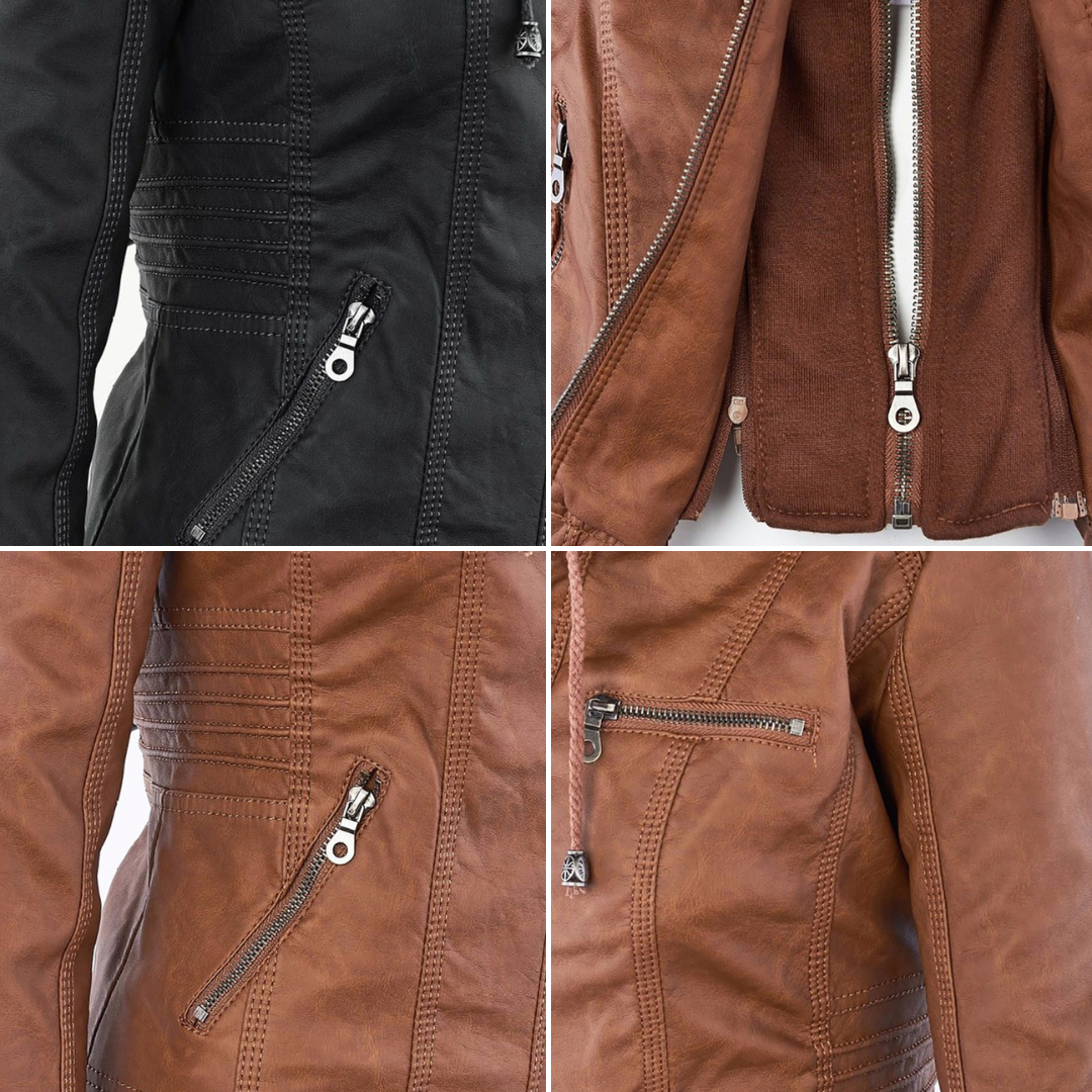 Damen Bikerjacke aus Kunstleder mit Kapuze | Große Größen (L–3XL)