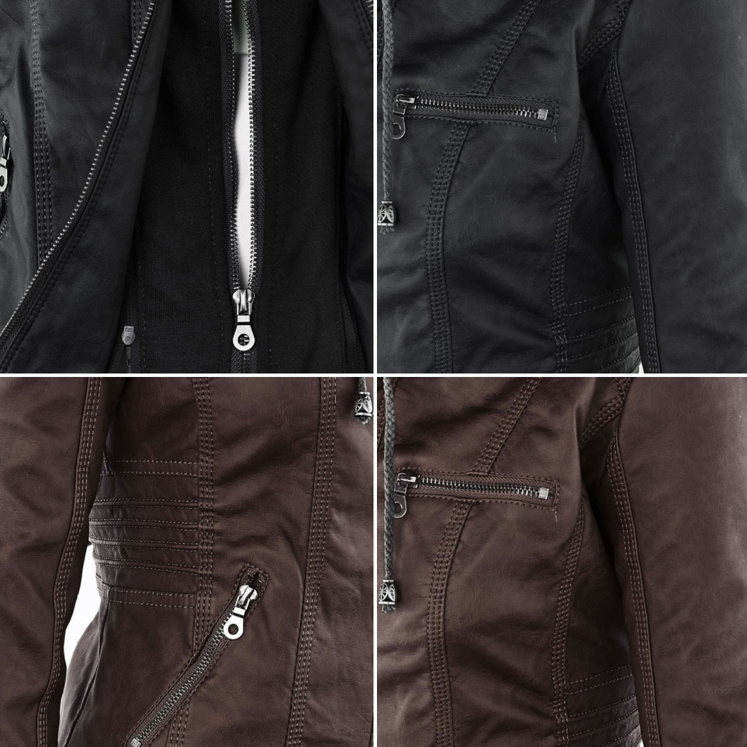 Damen Bikerjacke aus Kunstleder mit Kapuze | Große Größen (L–3XL)
