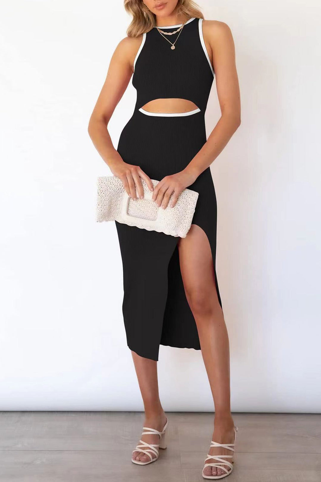 Heidi-Mode | Kontrast Cutout Schlitz Strick Tank Kleid