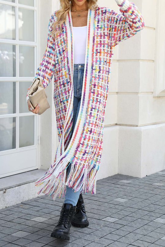 Heidi-Mode | Kontrast Fransen Saum Offene Vorderseite Lange Strickjacke