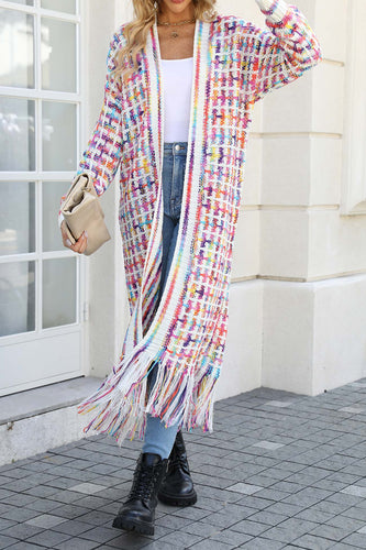 Heidi-Mode | Kontrast Fransen Saum Offene Vorderseite Lange Strickjacke