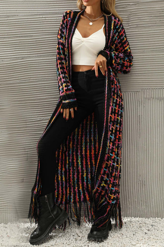 Heidi-Mode | Kontrast Fransen Saum Offene Vorderseite Lange Strickjacke