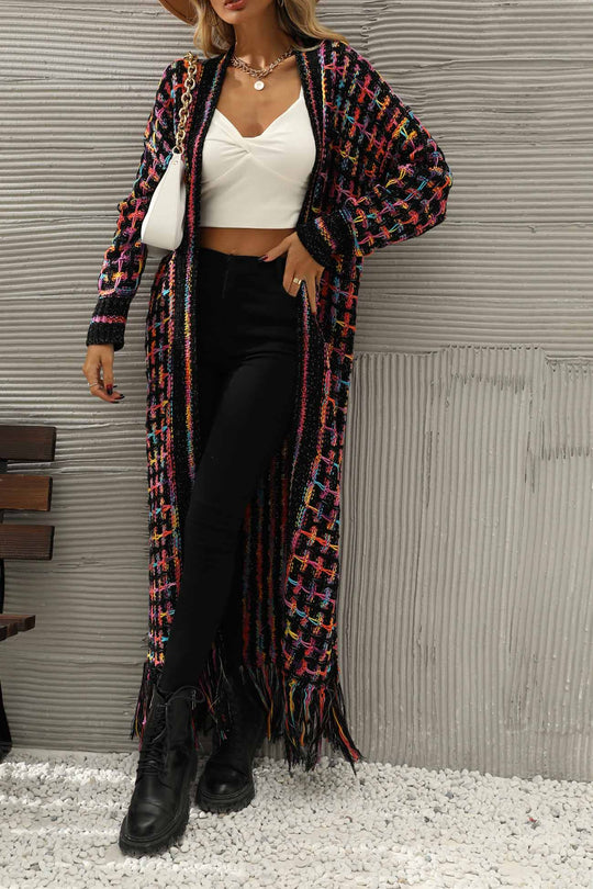 Heidi-Mode | Kontrast Fransen Saum Offene Vorderseite Lange Strickjacke