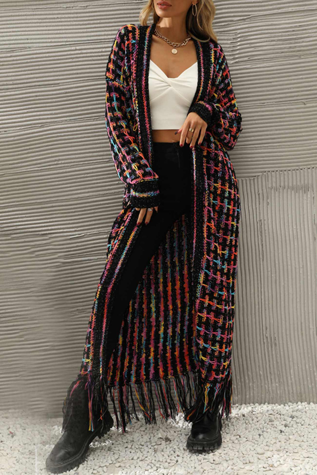 Heidi-Mode | Kontrast Fransen Saum Offene Vorderseite Lange Strickjacke