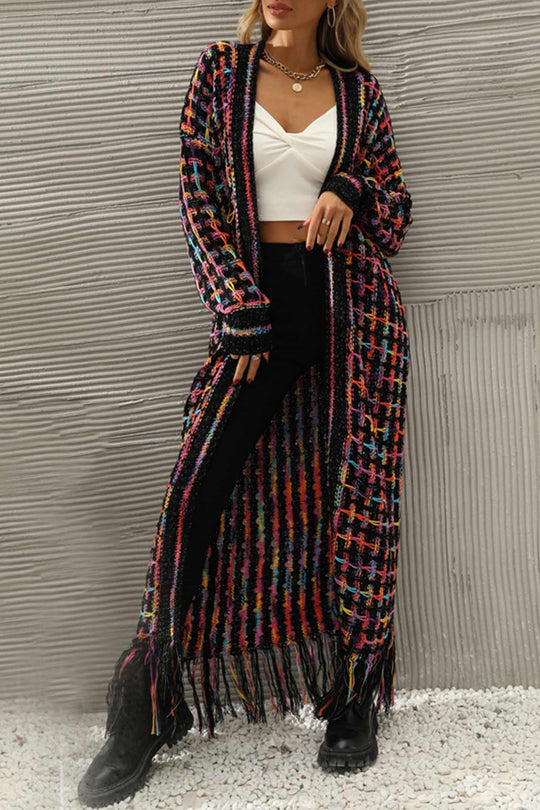 Heidi-Mode | Kontrast Fransen Saum Offene Vorderseite Lange Strickjacke