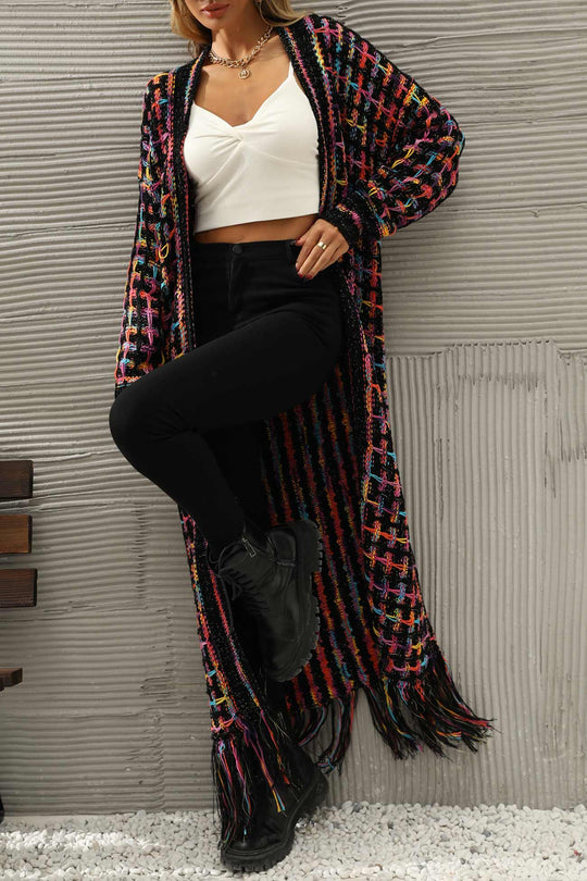 Heidi-Mode | Kontrast Fransen Saum Offene Vorderseite Lange Strickjacke