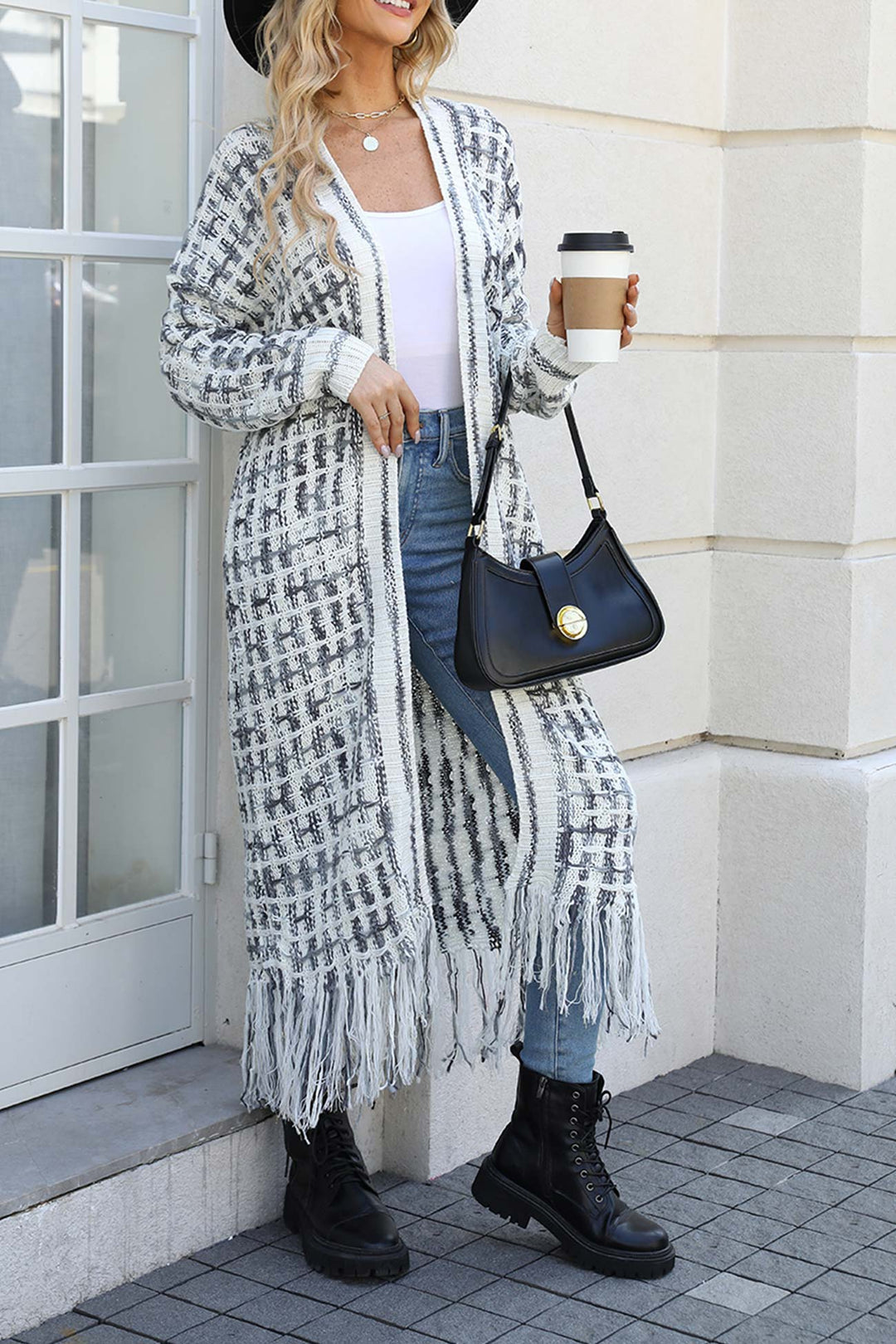 Heidi-Mode | Kontrast Fransen Saum Offene Vorderseite Lange Strickjacke