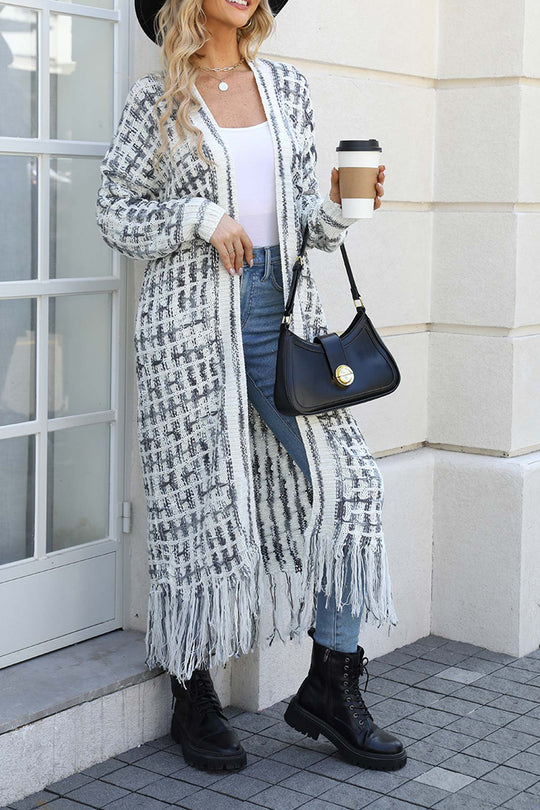 Heidi-Mode | Kontrast Fransen Saum Offene Vorderseite Lange Strickjacke