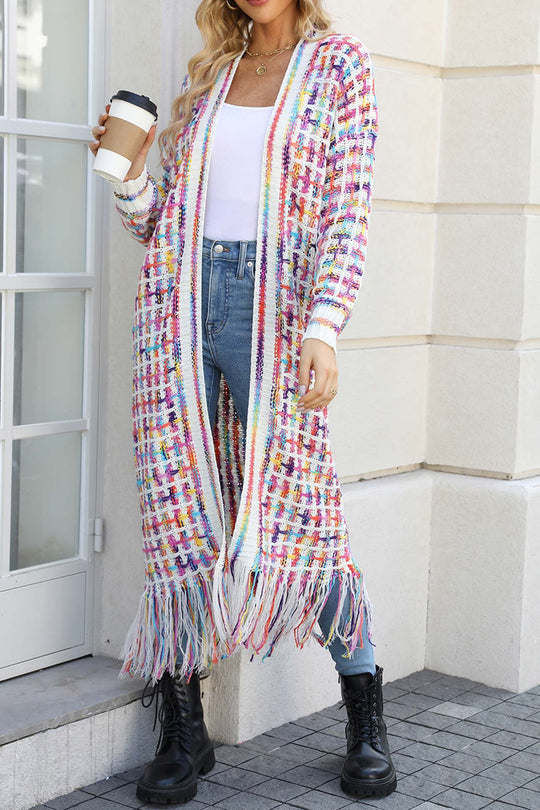 Heidi-Mode | Kontrast Fransen Saum Offene Vorderseite Lange Strickjacke