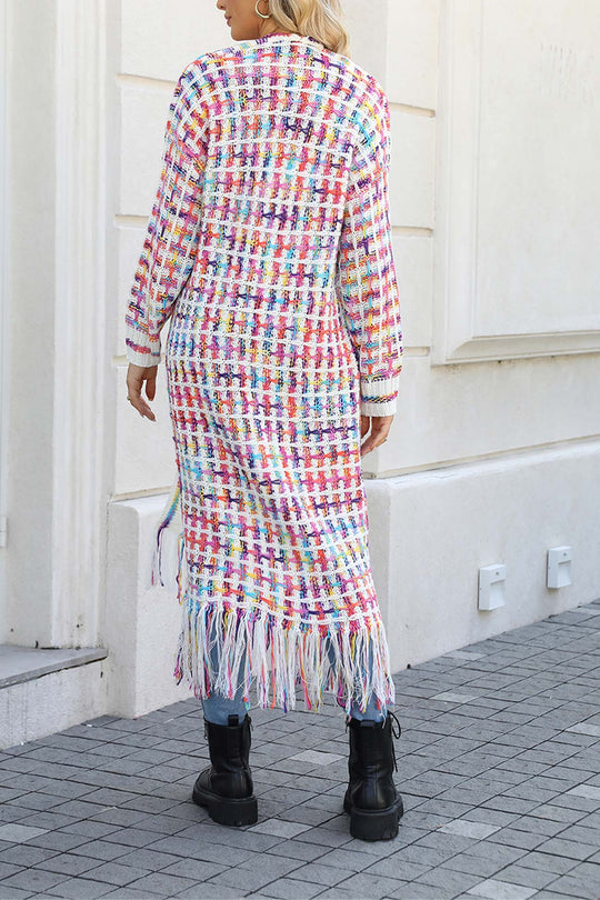 Heidi-Mode | Kontrast Fransen Saum Offene Vorderseite Lange Strickjacke