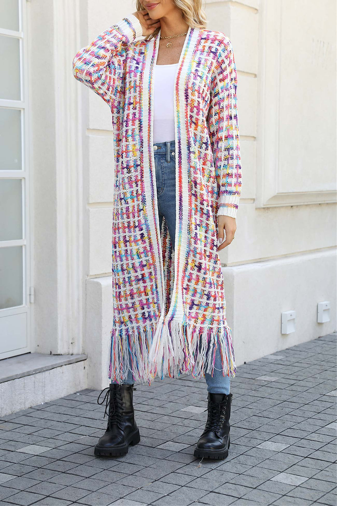 Heidi-Mode | Kontrast Fransen Saum Offene Vorderseite Lange Strickjacke