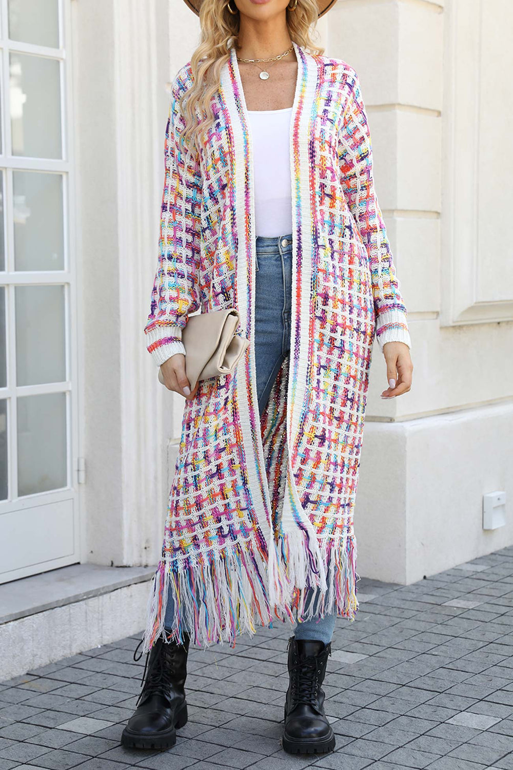 Heidi-Mode | Kontrast Fransen Saum Offene Vorderseite Lange Strickjacke
