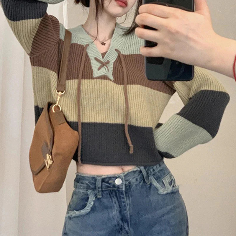 Heidi-Mode | Kontrast Schnürung V-Ausschnitt Pullover Damen Preppy Stil Basic Langarm Strickpullover Frauen Herbst Locker Strickwaren