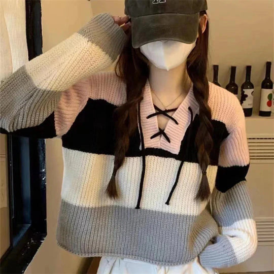 Heidi-Mode | Kontrast Schnürung V-Ausschnitt Pullover Damen Preppy Stil Basic Langarm Strickpullover Frauen Herbst Locker Strickwaren