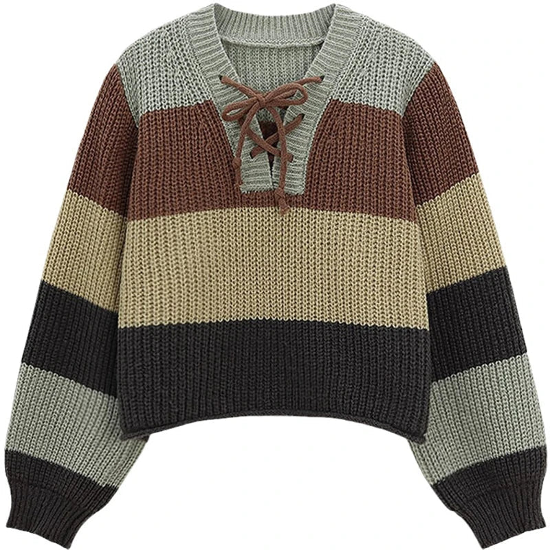 Heidi-Mode | Kontrast Schnürung V-Ausschnitt Pullover Damen Preppy Stil Basic Langarm Strickpullover Frauen Herbst Locker Strickwaren