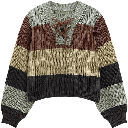 Heidi-Mode | Kontrast Schnürung V-Ausschnitt Pullover Damen Preppy Stil Basic Langarm Strickpullover Frauen Herbst Locker Strickwaren