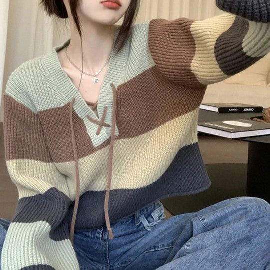 Heidi-Mode | Kontrast Schnürung V-Ausschnitt Pullover Damen Preppy Stil Basic Langarm Strickpullover Frauen Herbst Locker Strickwaren