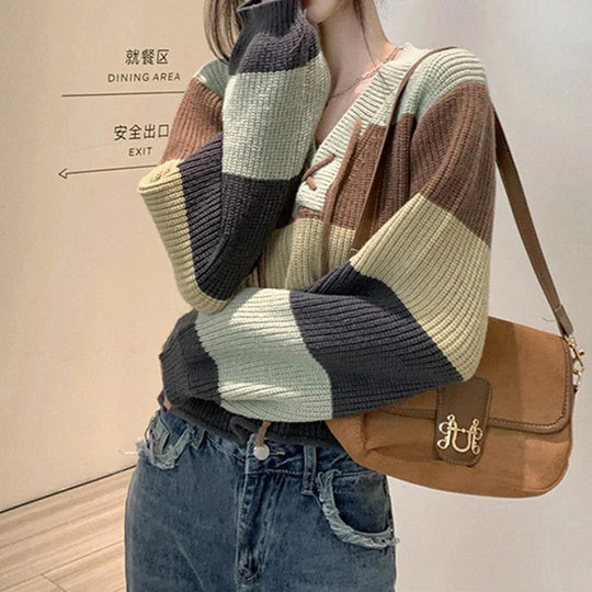 Heidi-Mode | Kontrast Schnürung V-Ausschnitt Pullover Damen Preppy Stil Basic Langarm Strickpullover Frauen Herbst Locker Strickwaren