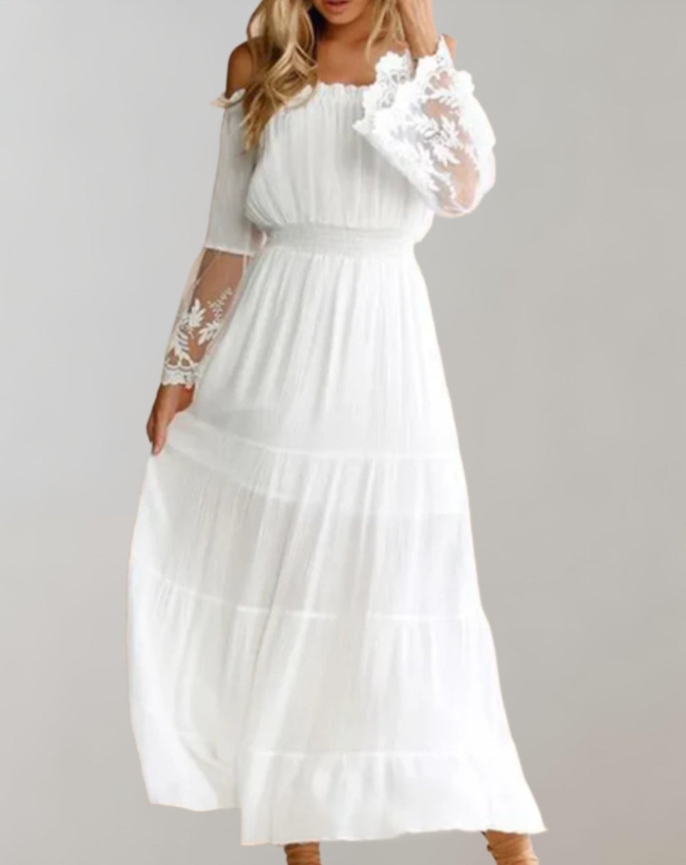 Off-shoulder midi-jurk van kant met lange mouwen en tailleband