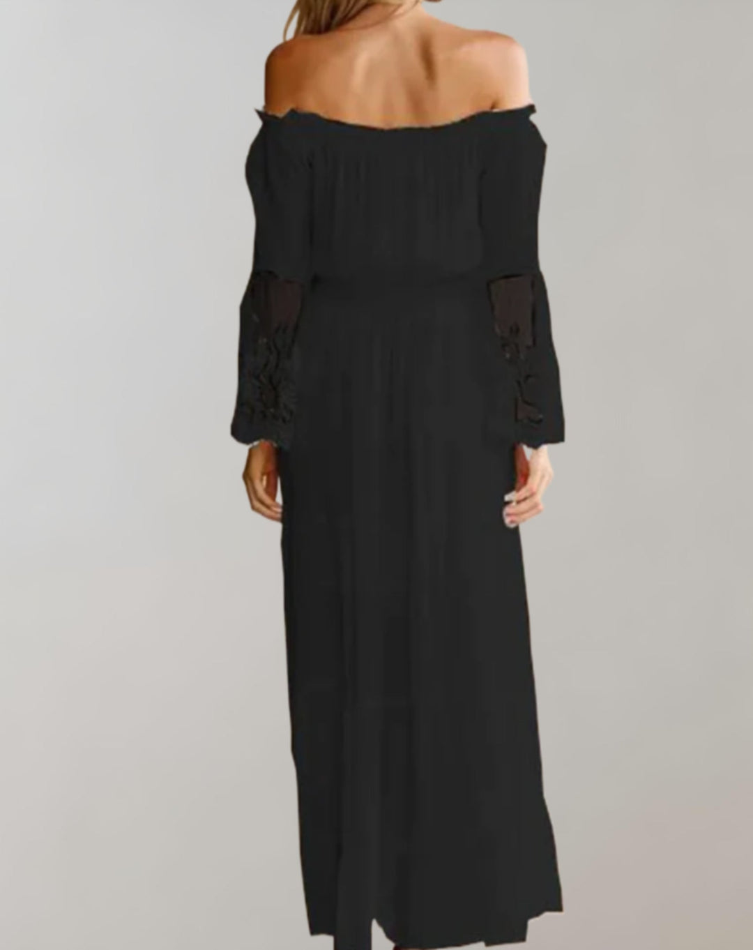 Off-shoulder midi-jurk van kant met lange mouwen en tailleband