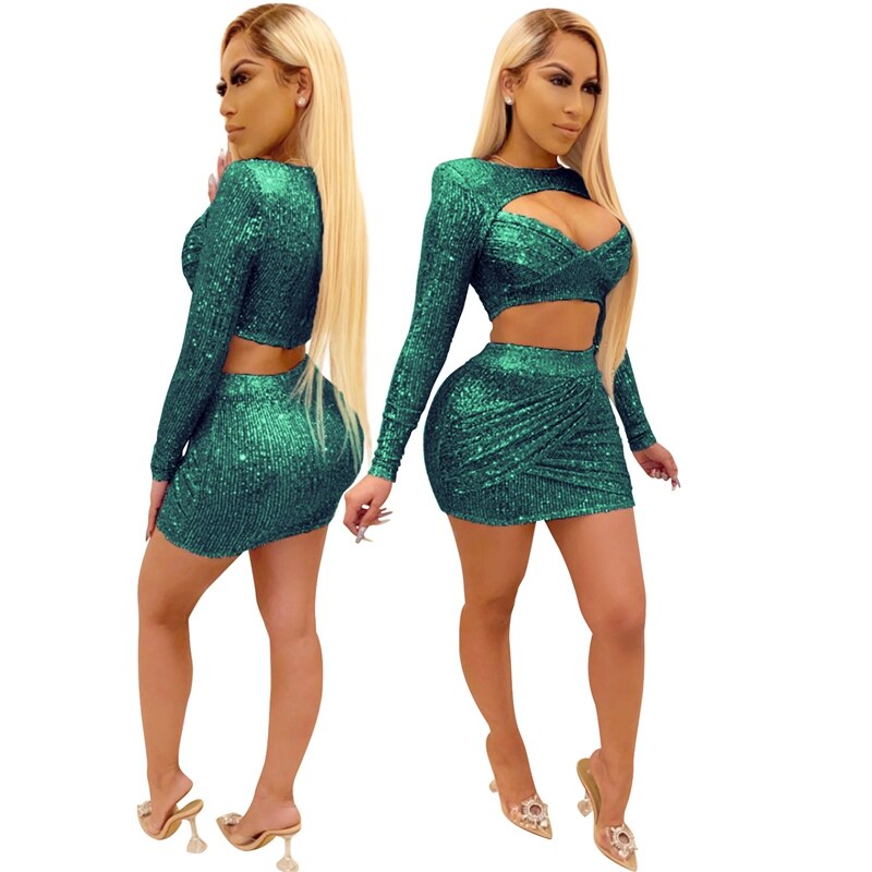 Heidi-Mode | Pailletten Crop Top & Hohe Taille Minirock Sets